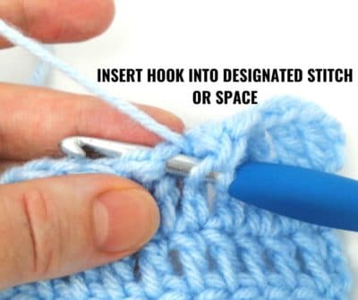 Insert your hook into designated stitch, chain or space.