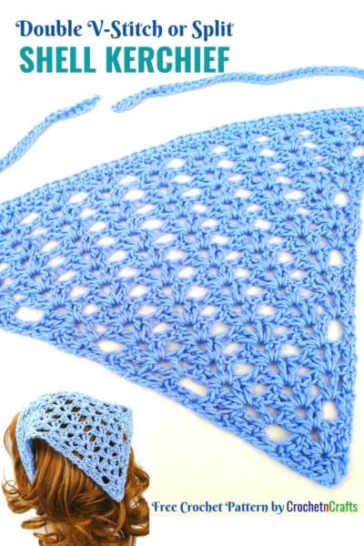 crochet kerchief laid out flat and shown from the back of the head.