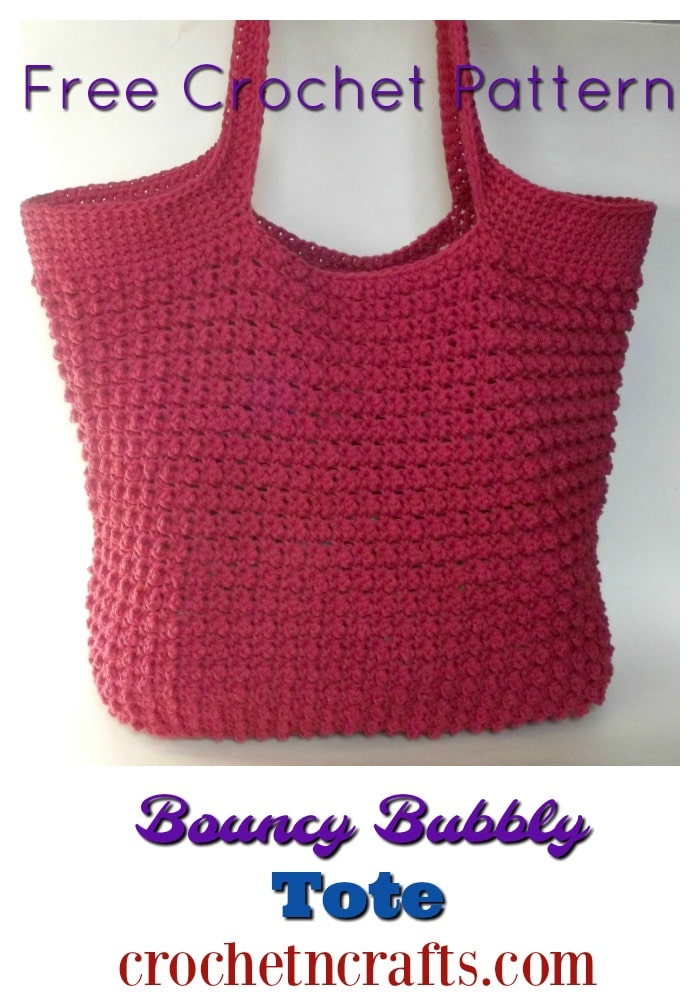Free crochet pattern for a bouncy bubbly tote. It's a nice and roomy bag to hold just about everything. And you can line it for a nice durable bag.
#freecrochetpattern #tote #crochetncrafts