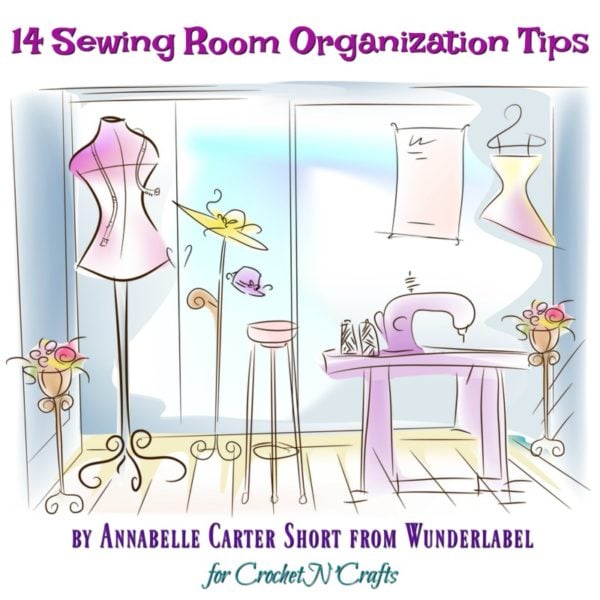 Drawing of a sewing room including a sewing machine, dress form and a few other sewing room accessories.