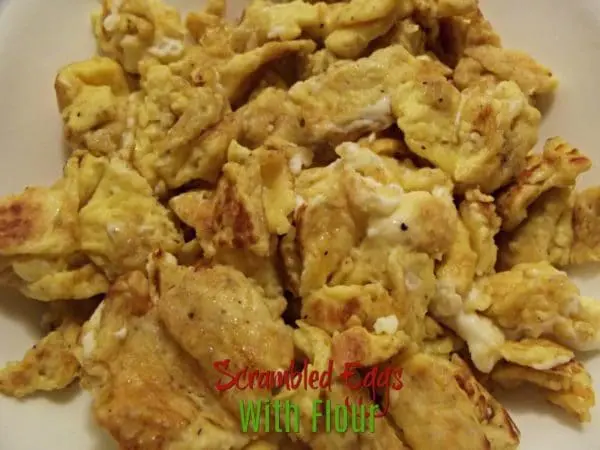 Scrambled eggs broken into bite-size pieces and cooked mildly.