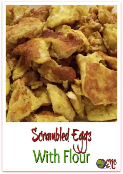 Scrambled eggs with flour shown in bite-sized pieces.