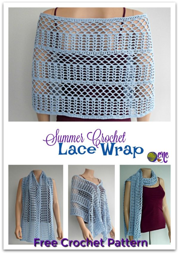 Free crochet pattern for the Summer Crochet Lace Wrap on CrochetN'Crafts. It's a beautiful crochet wrap for the summer, or as a scarf in the winter. #wrap #lace #crochet #freecrochetpattern #crochetncrafts