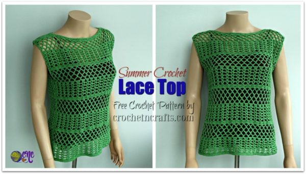 Free crochet pattern for a summer crochet lace top. It's shown in two images; one with a side view and the other from the front.