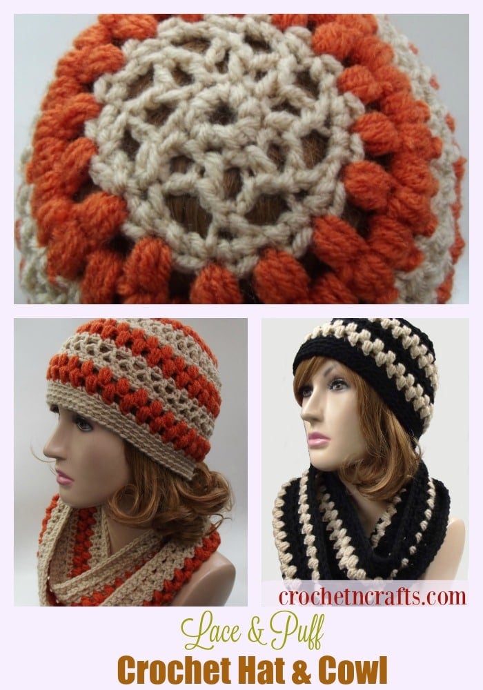 Lace and Puff Crochet Hat and Cowl Pattern Set.