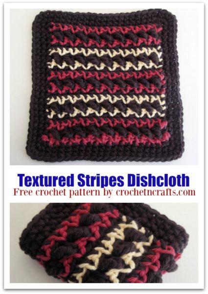 Textured Stripes Dishcloth shown laid out flat and folded. It features three colors, but you can just as easy choose one or two.