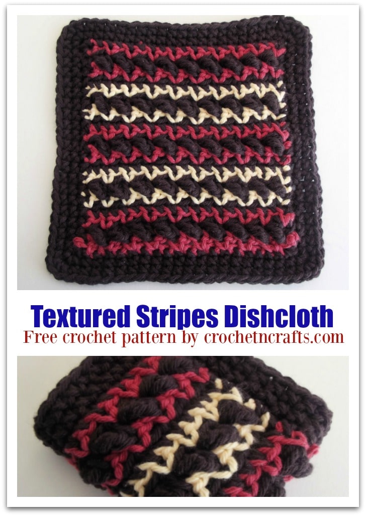 Free Crochet Pattern for a Textured Stripes Dishcloth. The crochet dishcloth pattern is easy to adjust in size. #crochet #dishcloth @crochetncrafts