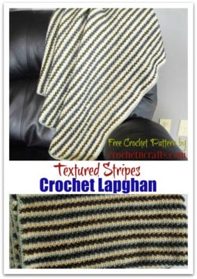 Textured Stripes Crochet Lapghan Shown Draped Over a Couch and Folded Up.
