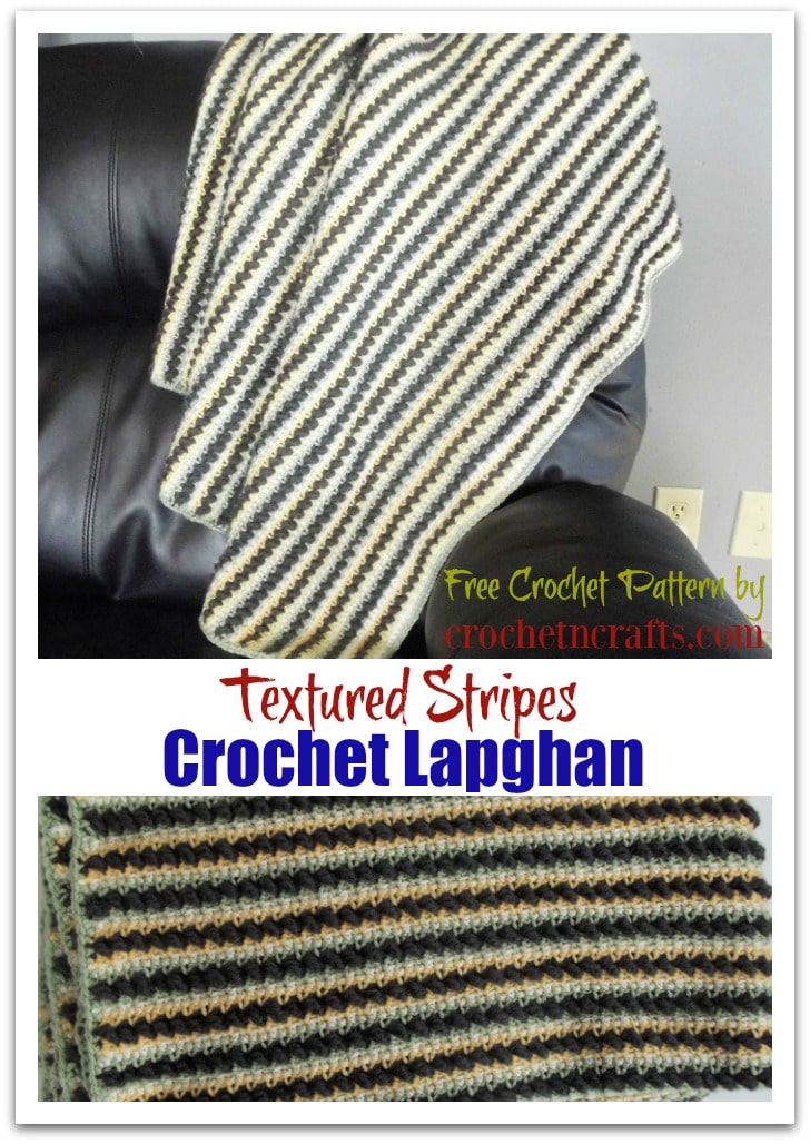 Textured Stripes Crochet Lapghan Shown Draped Over a Couch and Folded Up.
