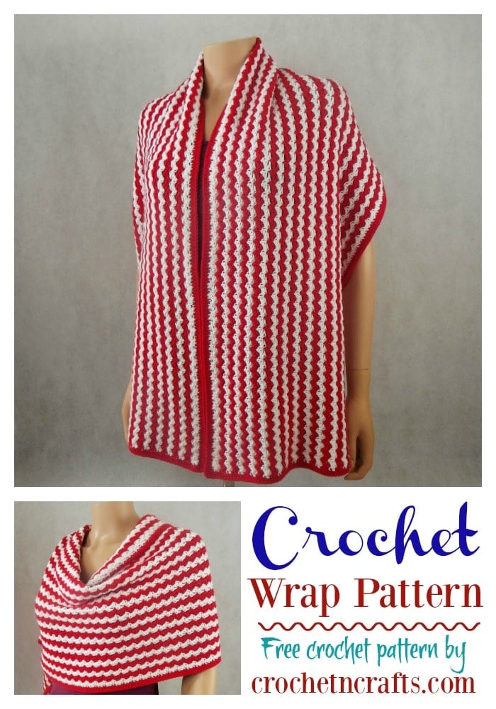Crochet wrap pattern shown in two colors worn over the shoulders and wrapped around.