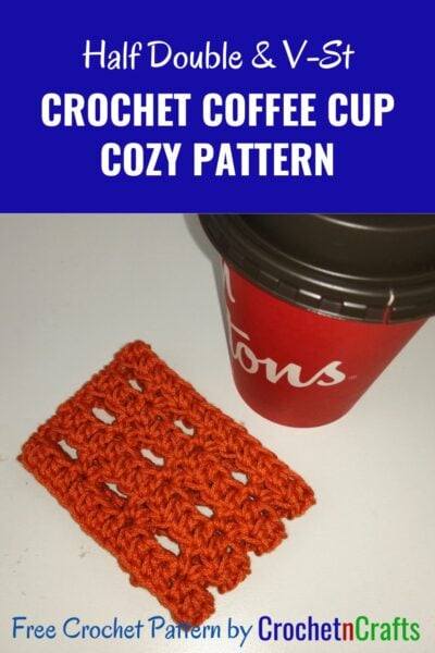 Simple and lacy crochet cup cozy laid flat.