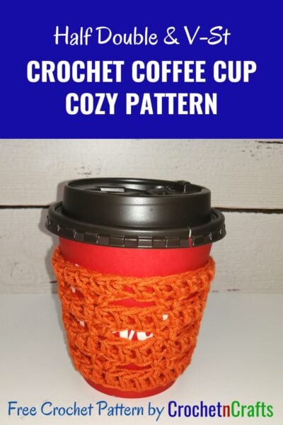 The crochet cup cozy pattern is shown take-out coffee cup.