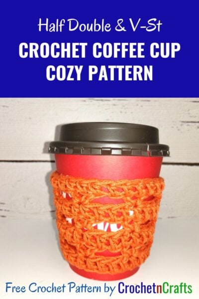 The crochet cup cozy pattern is shown take-out coffee cup.