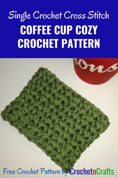 Crochet cup cozy laid flat.