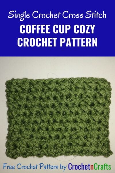 Crochet cup cozy laid flat.