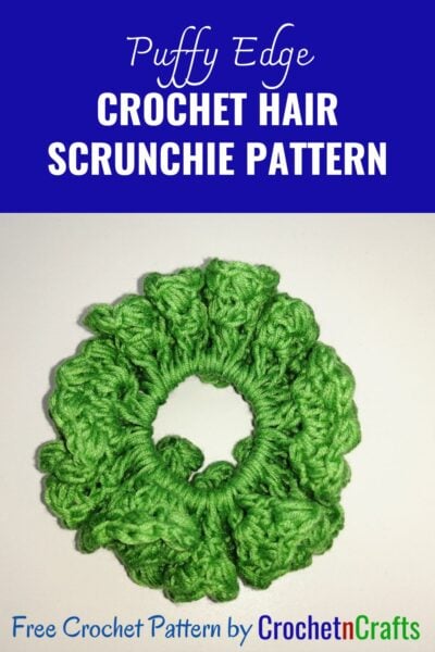 Crochet hair scrunchie pattern worked up in a light yarn.