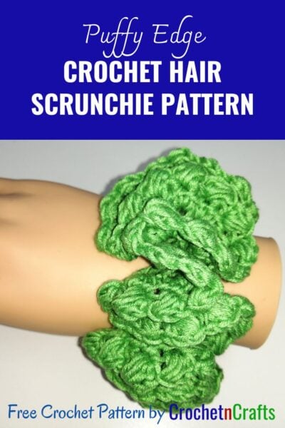 Crochet hair scrunchie pattern worked up in a light yarn.