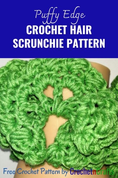 Crochet hair scrunchie pattern worked up in a light yarn.