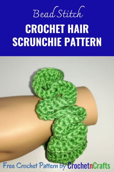 Crochet hair scrunchie shown in green yarn.