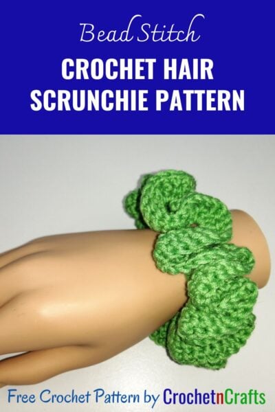Crochet hair scrunchie shown in green yarn.