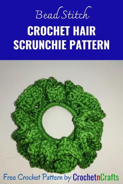 Crochet hair scrunchie shown in green yarn.