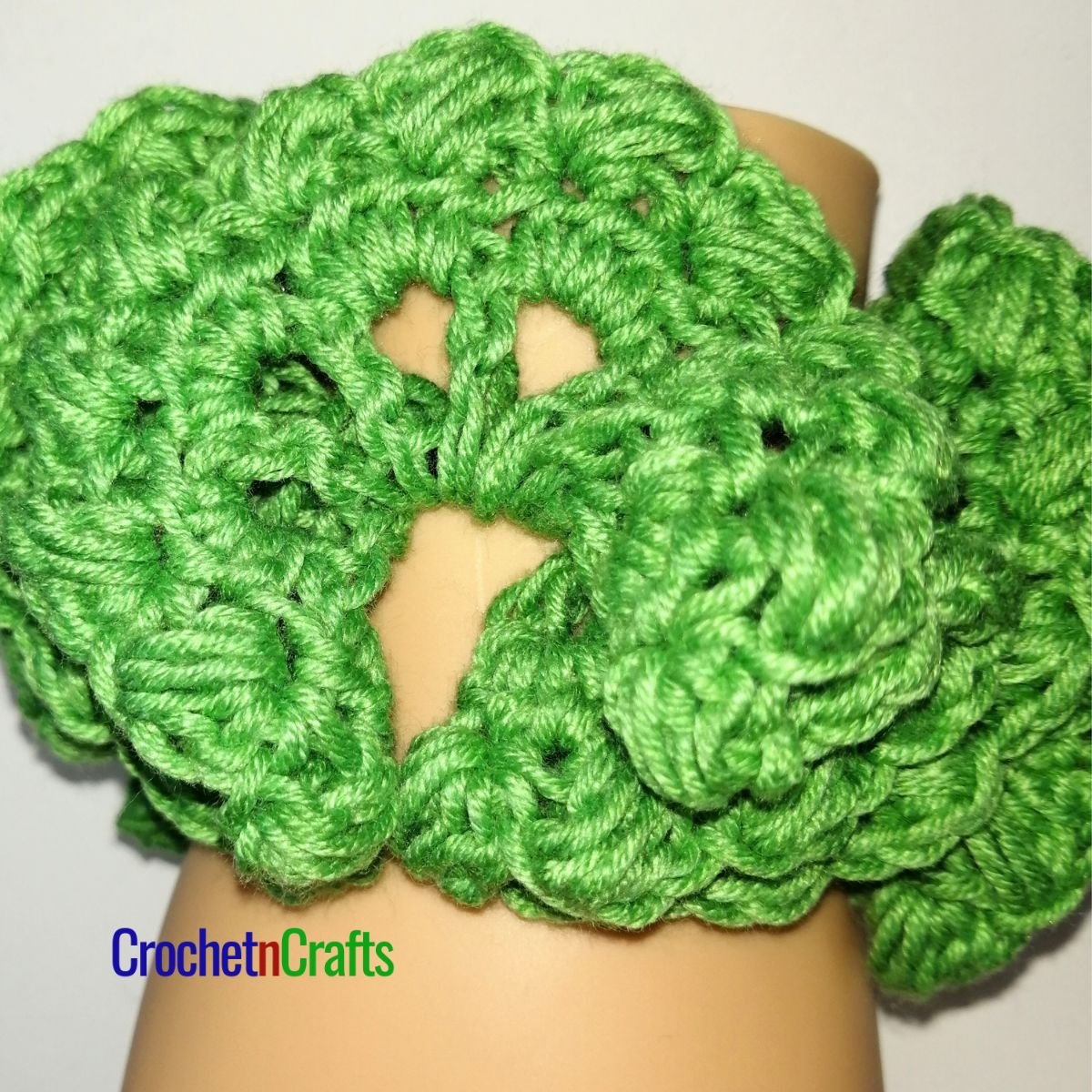 Crochet hair scrunchie pattern shown up close.