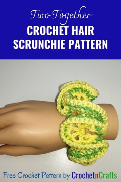 Crochet hair scrunchie shown in yellow and a stripe of green.