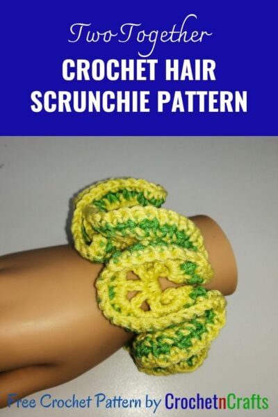 Crochet hair scrunchie shown in yellow and a stripe of green.