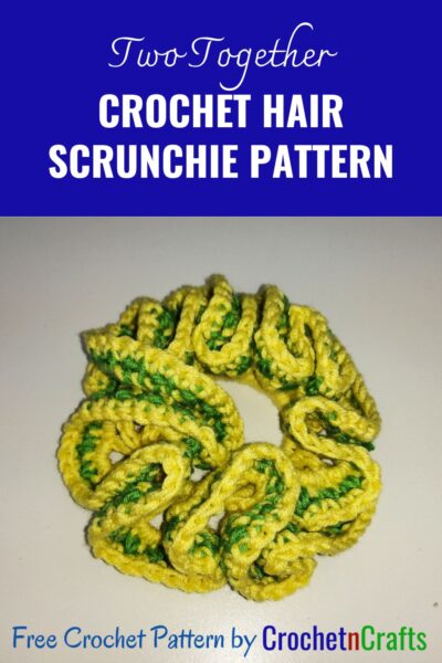 Crochet hair scrunchie shown in yellow and a stripe of green.