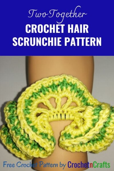 Crochet hair scrunchie shown in yellow and a stripe of green.