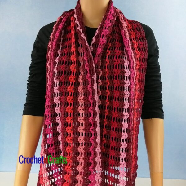 Double V-Stitch Rectangular shawl draped over a mannequin.