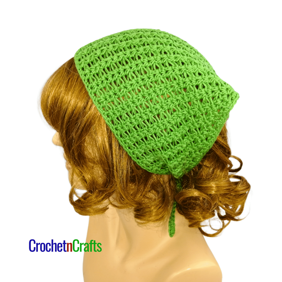 Crochet kerchief shown on a mannequin - side view.