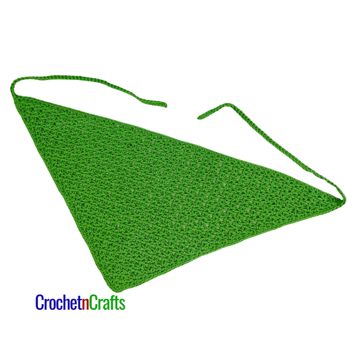 Crochet kerchief laid flat.