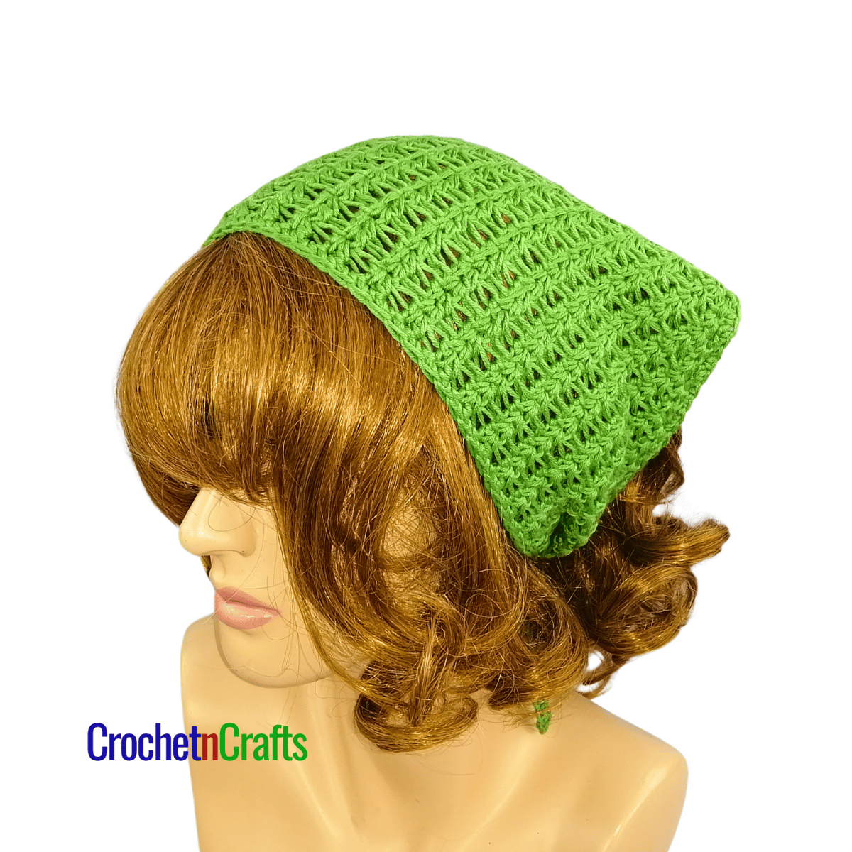 Crochet kerchief shown on a mannequin.