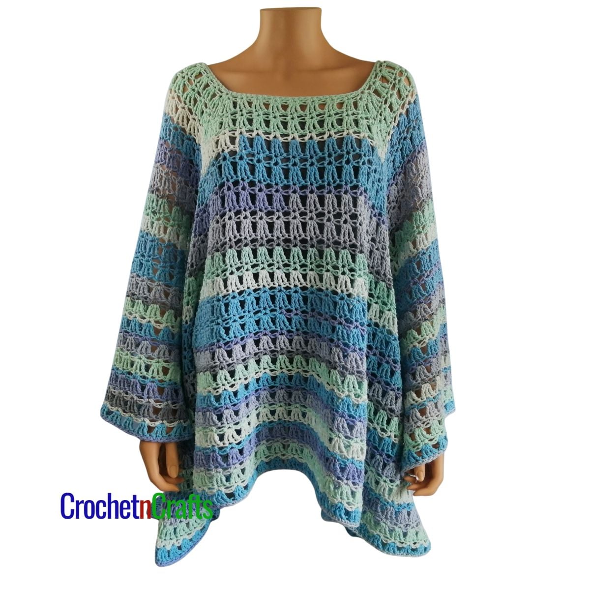 A square poncho pattern is shown on a mannequin.