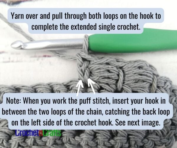 Yarn over and pull through both loops on the hook to complete the extended single crochet.