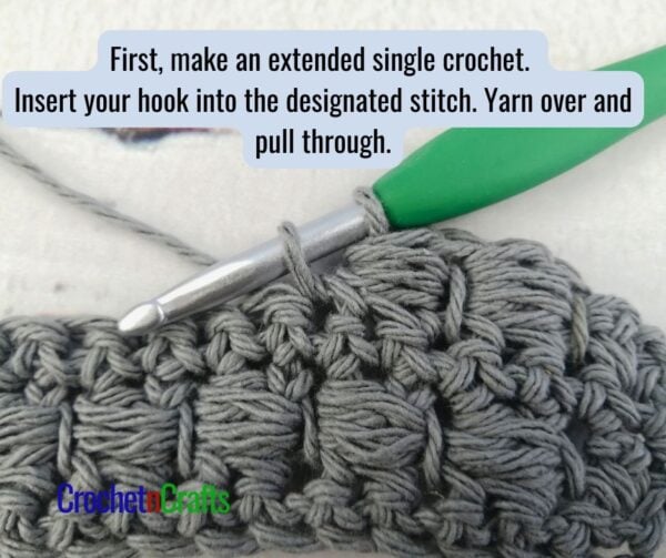 Make an extended single crochet. Insert your hook into the designated stitch. Yarn over and pull through. You should have two loops on the hook.