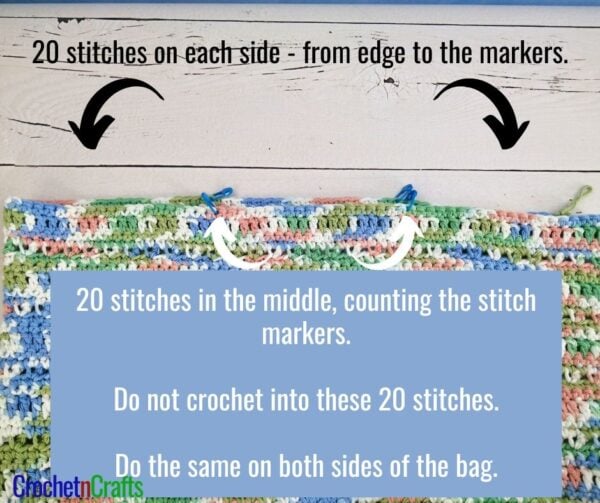 Count off 20 stitches in the middle of the bag. Do not crochet into these 20 stitches.
