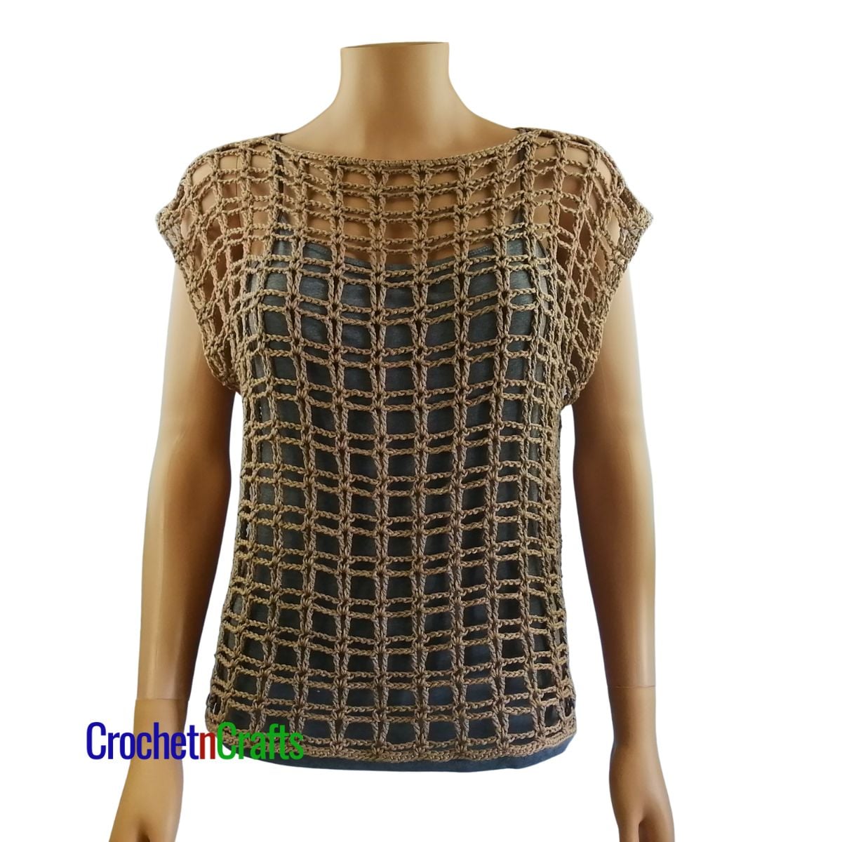 Light and lacy crochet summer top shown on a mannequin.