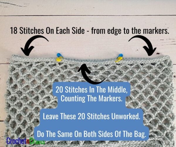 Count 20 stitches off in the middle and place markers on both sides of the bag.